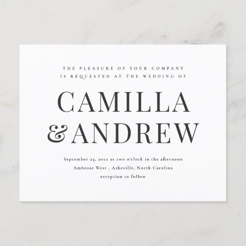 Modern Black and White Elegant Wedding Invitation Postcard