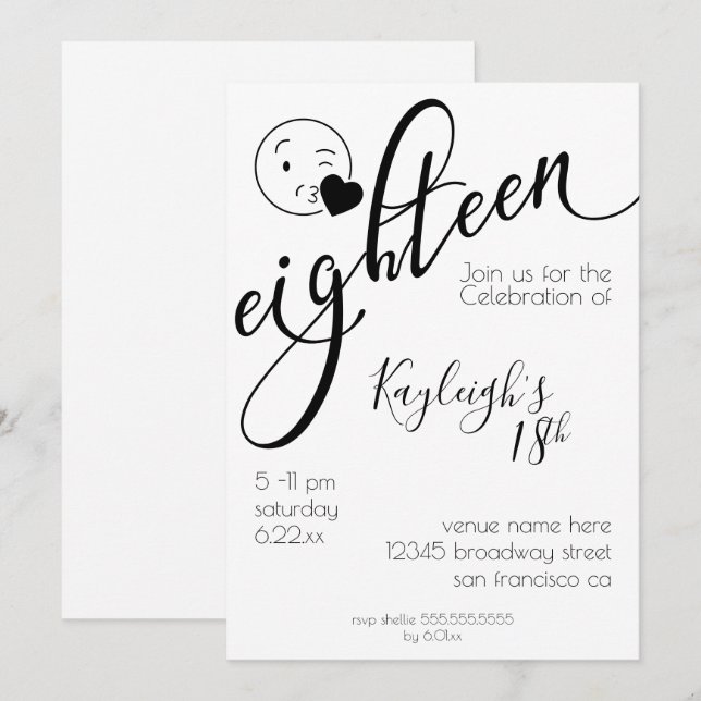 Modern Black and White Emoji 18th Birthday Invitation (Front/Back)