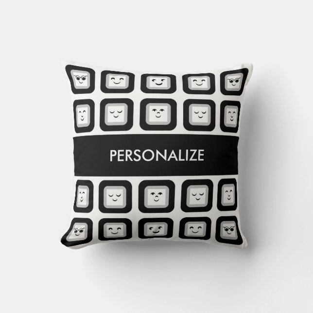 Modern Black and White Emoticon Tiles With Name Throw Pillow (Front)
