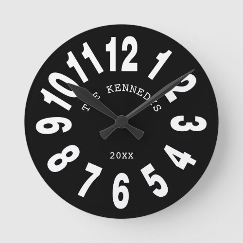 Modern Black And White Family Name Large Numbers Round Clock