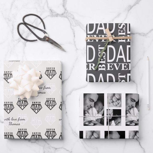 Modern black and white Fathers Day Personalized  Wrapping Paper Sheets (Front)