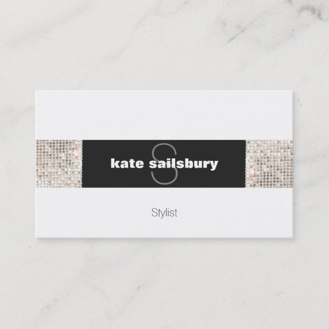 Modern Black and White FAUX Silver Sequin Monogram Business Card (Front)