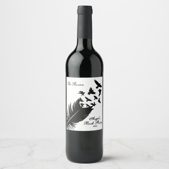 Modern, Black and White Feather Wine Label (Front)