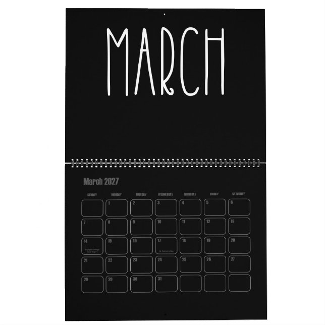 Modern Black and White Filled Calendar (Mar 2027)