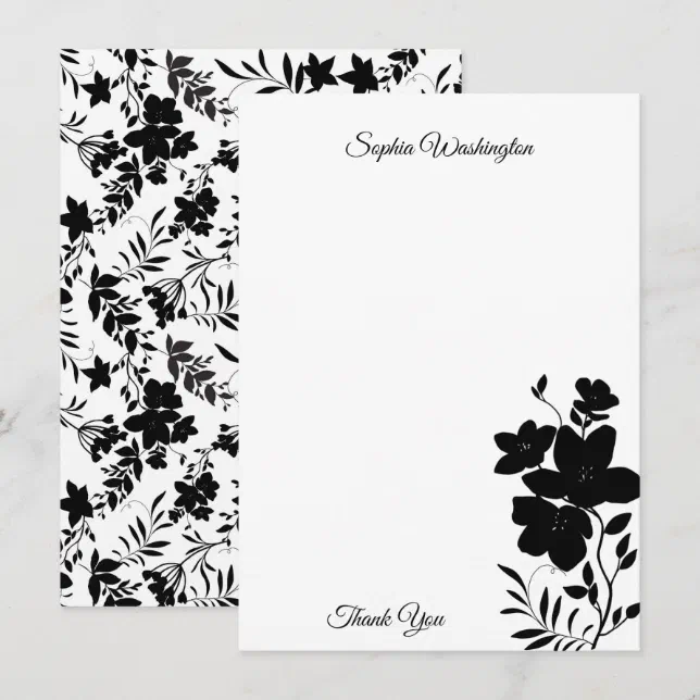 Modern Black and White Floral Blank Thank You Card | Zazzle