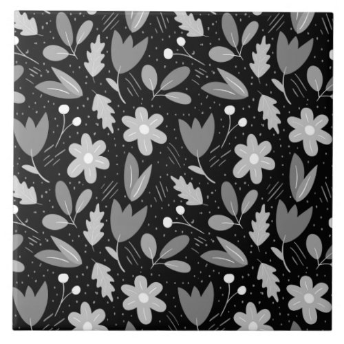 Modern Black and White Floral Ceramic Tile