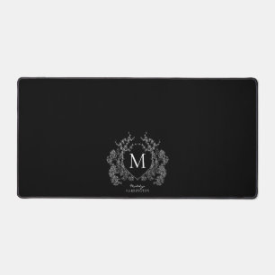 Modern Black and White Floral Crest Monogram Desk Mat