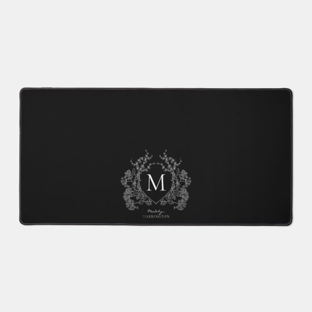 Modern Black and White Floral Crest Monogram Desk Mat (Front)