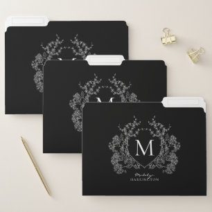 Modern Black and White Floral Crest Monogram File Folder