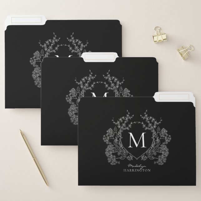 Modern Black and White Floral Crest Monogram File Folder (Set)