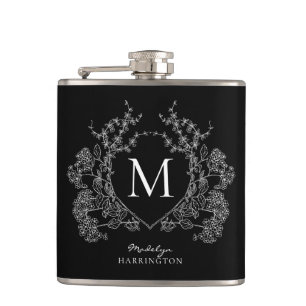 Modern Black and White Floral Crest Monogram Flask
