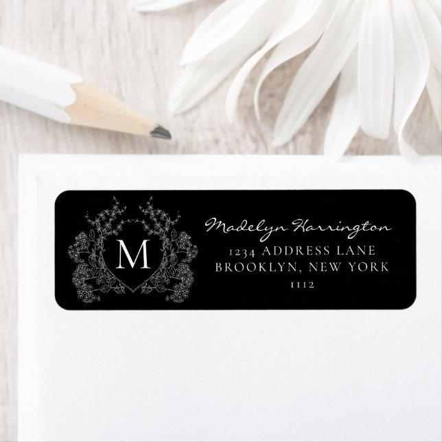 Modern Black and White Floral Crest Monogram Label (Insitu)