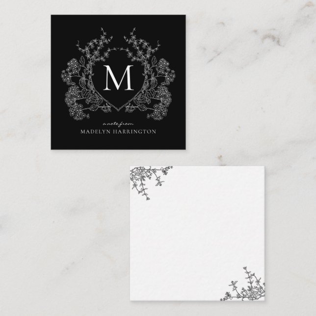Modern Black and White Floral Crest Monogram Note Card (Front/Back)