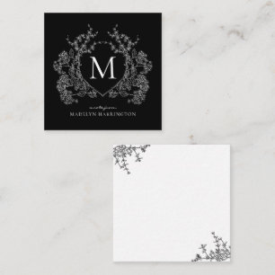 Modern Black and White Floral Crest Monogram Note Card
