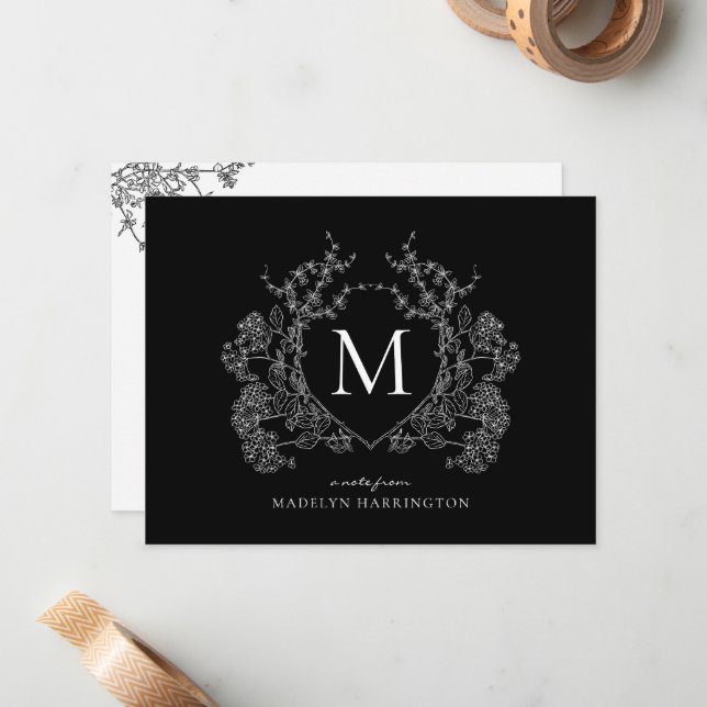 Modern Black and White Floral Crest Monogram Note Card (Front/Back In Situ)