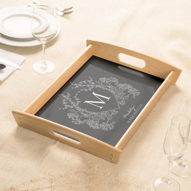 Modern Black and White Floral Crest Monogram Serving Tray (Front)