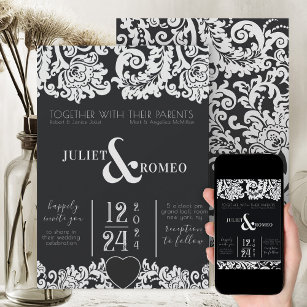Modern Black and White Floral Damask Heart Wedding Invitation