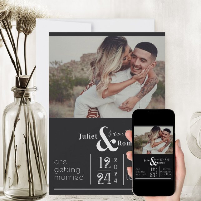 Modern Black and White Floral Damask Save The Date Invitation (elegant black and white save the date wedding invitation with couple's photo)