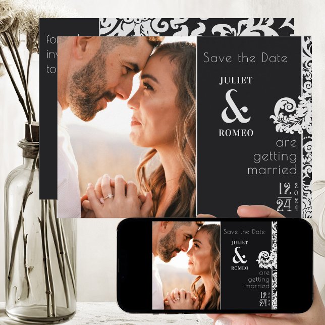 Modern Black and White Floral Damask Save The Date Invitation (elegant black and white floral damask save the date wedding invitation)
