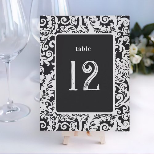 Modern Black and White Floral Damask Table Card