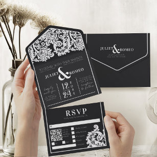 Modern Black and White Floral Damask Wedding All In One Invitation