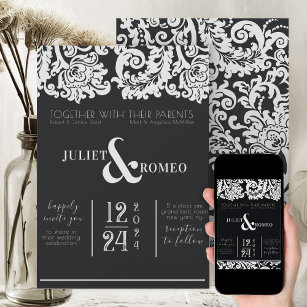 Modern Black and White Floral Damask Wedding Invitation