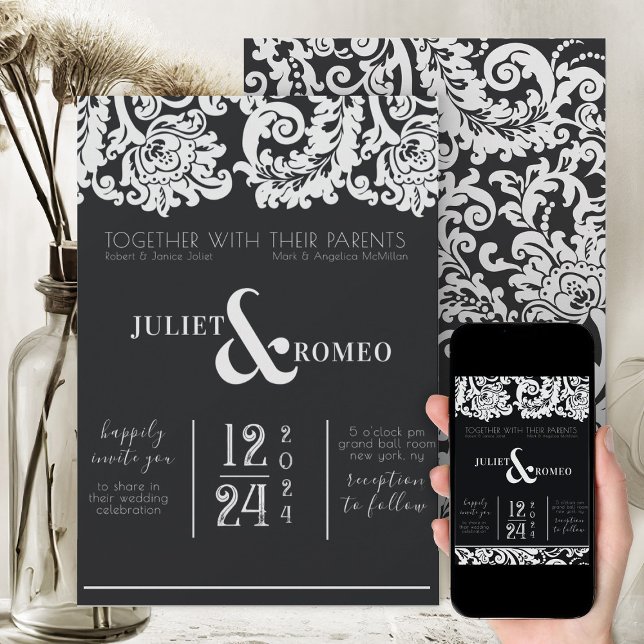 Modern Black and White Floral Damask Wedding Invitation (elegant black and white wedding theme floral damask modern wedding invitation )