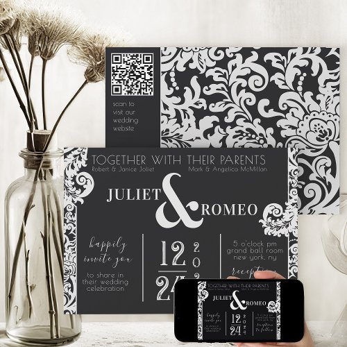 Modern Black and White Floral Damask Wedding Invitation