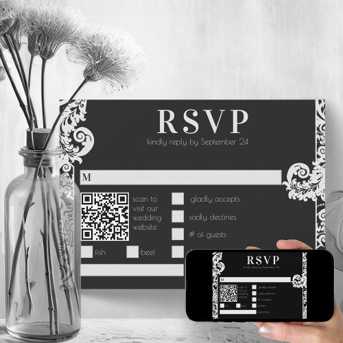 Modern Black and White Floral Damask Wedding RSVP  Invitation