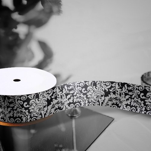 Modern Black and White Floral Damask Wedding Satin Ribbon