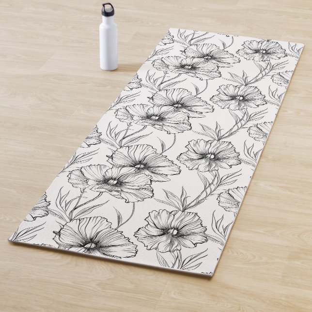Modern Black and White Floral Elegant Yoga Mat (In Situ)