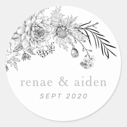 Modern black and white floral favor stickers
