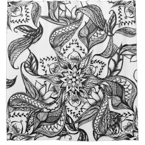 Modern black and white floral mandala illustration shower curtain