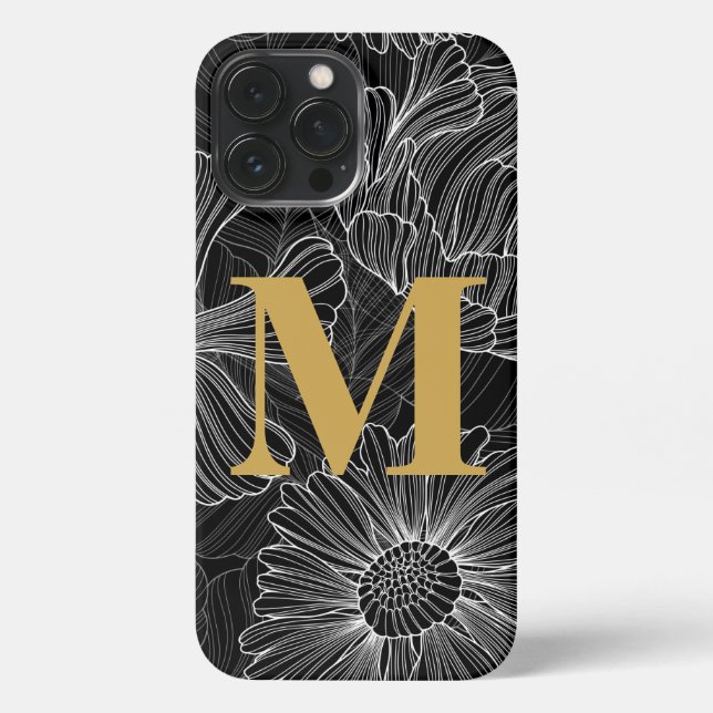 Modern Black and White Floral Monogram Phone Case (Back)