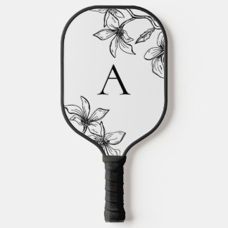Modern Black and White Floral Monogram Pickleball Paddle