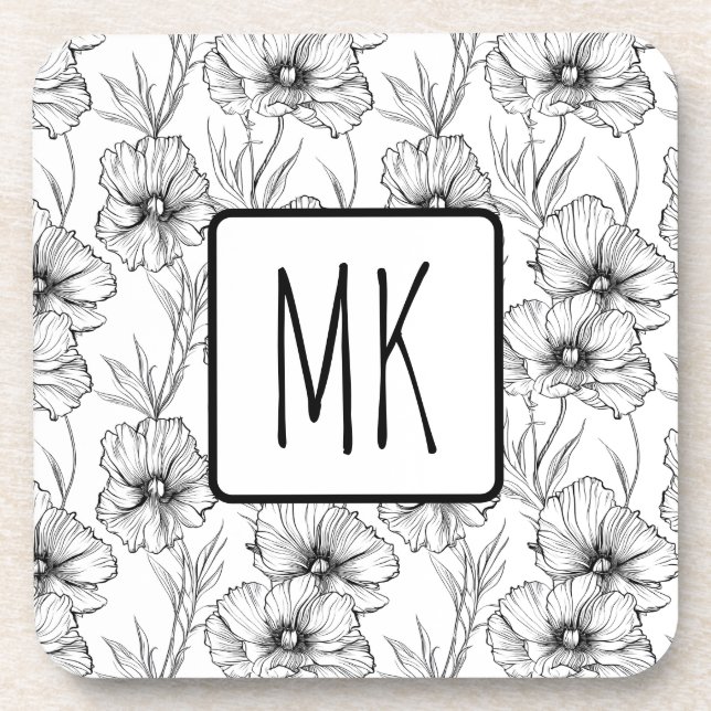 Modern Black and White Floral Monogrammed Beverage Coaster (Front)
