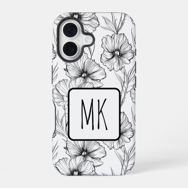 Modern Black and White Floral Monogrammed iPhone Case (Back)