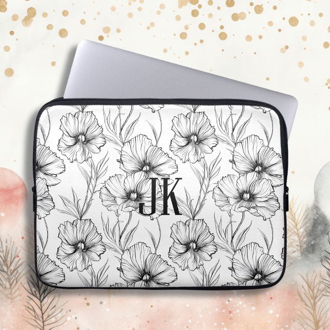 Modern Black and White Floral Monogrammed Laptop Sleeve (Creator Uploaded)