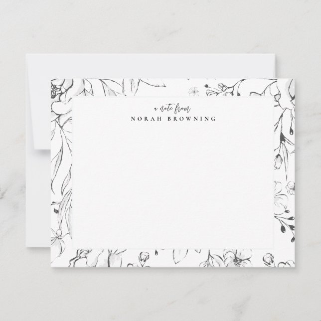 Modern Black and White Floral Personalized Script Note Card (Front)