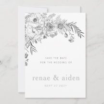 Modern black and white floral save the date card