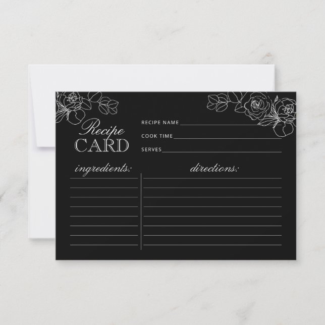 Modern Black and White Floral Shower Recipe Card (Front)