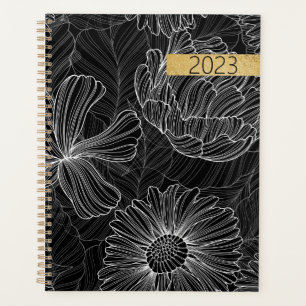 Modern Black and White Floral Spiral Planner