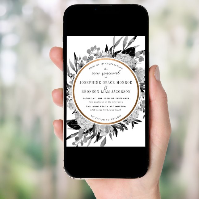 Modern Black and White Floral Vow Renewal Invitation (Front Digital)