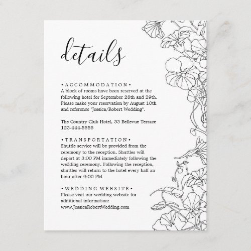 Modern Black and White Floral Wedding Details Enclosure Card