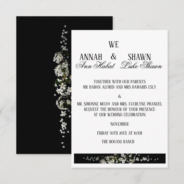 Modern Black and White Floral Wedding Invitation (Front/Back)