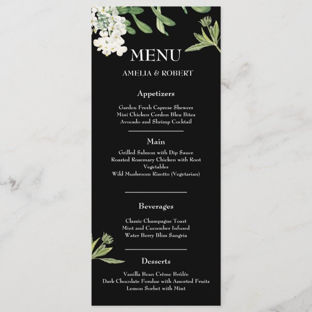 Modern Black and White Floral Wedding Menu Card (Front)
