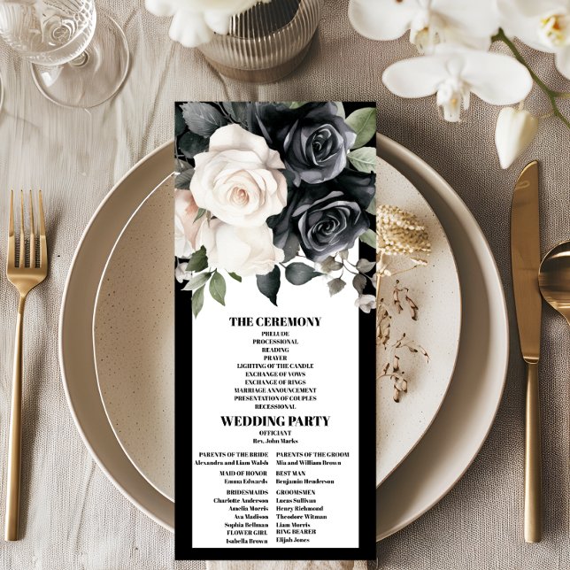 Modern Black and White Floral Wedding Program (Creator Uploaded)