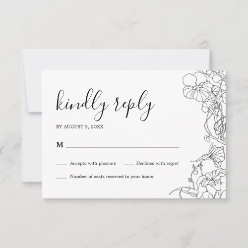 Modern Black and White Floral Wedding RSVP Card
