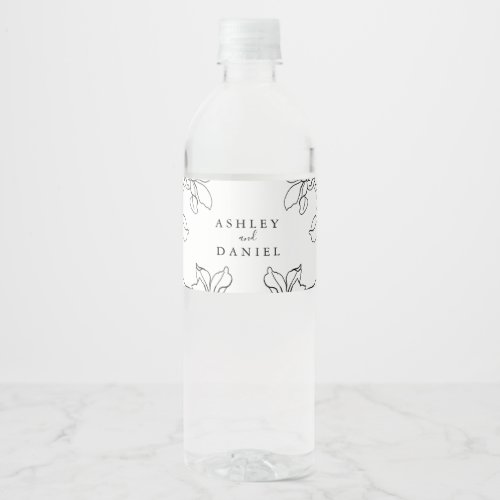 Modern Black and White Floral Wedding Water Bottle Label