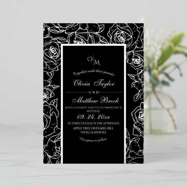 Modern Black and White Flower Foil Wedding Foil Invitation (Standing Front)